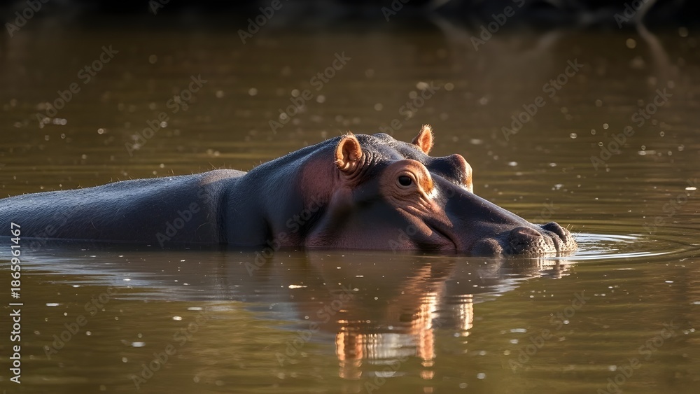 Fototapeta premium A close-up view of a hippopotamus floating quietly in shallow river water.