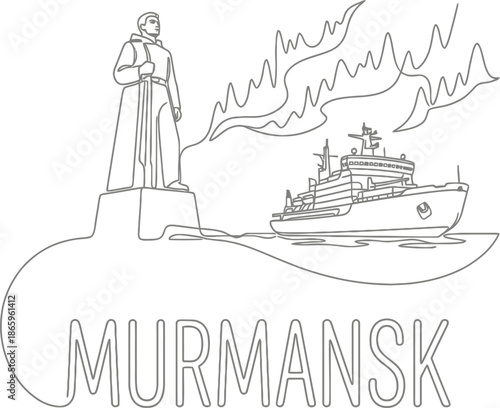 Murmansk city landmarks and northern lights line art vector illustration