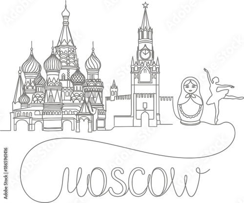 Moscow landmarks and symbols minimalist line art vector illustration