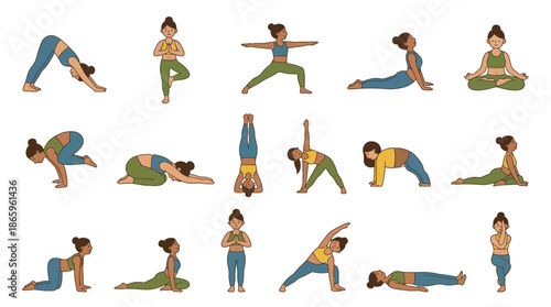 Woman practicing various yoga poses in colorful outfits.