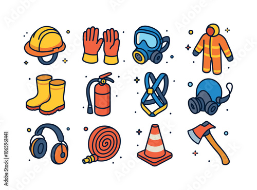 Fire Safety Gear Icons. Fire Safety PPE. Colorful isometric vector icons set of Fire Safety PPE: helmet, gloves, mask, protective suit, boots, fire