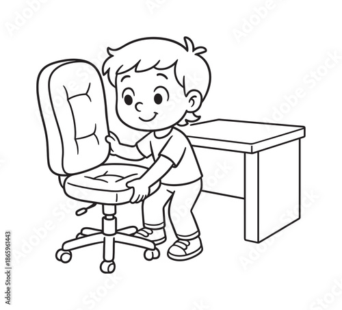 Child Adjusting Chair. Comfortable chair children?s coloring book illustration, outlined drawing, cartoon child adjusting a cushioned chair to sit properly at
