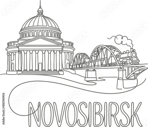 Novosibirsk city landmarks and train line art vector illustration