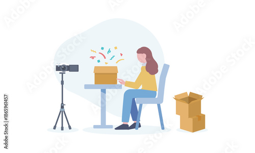 商品を開封レビューする女性の撮影イラスト – コンテンツ制作と体験表現