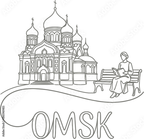 Omsk city landmarks with cathedral and woman vector illustration