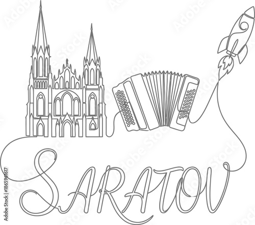 Saratov city landmarks and symbols continuous line vector illustration