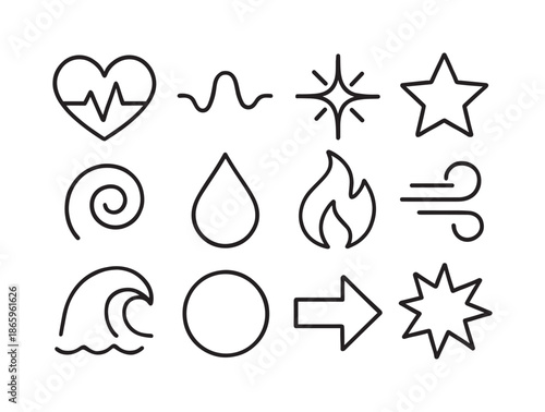 Big Sensations Icons. Big sensations. Line icon set of big sensations: huge heart pulse, large breath wave, giant spark, oversized star, massive swirl, huge