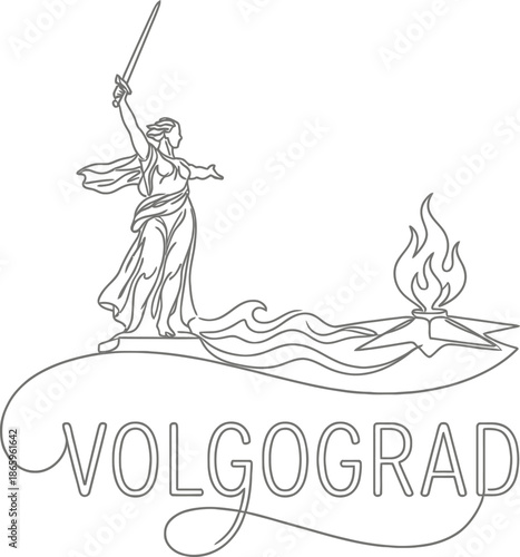 The Motherland Calls statue and eternal flame Volgograd vector illustration