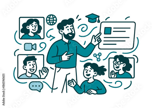 Virtual Classroom Dynamics. Virtual classrooms. Students appear in floating video windows while a teacher gestures toward shared digital notes. Icons of