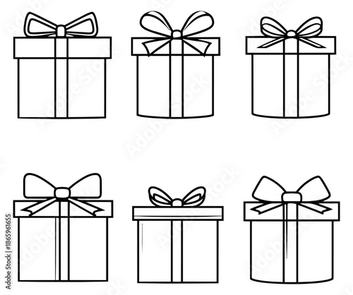 Hand drawn line art gift box set featuring various styles of wrapped presents with bows for celebrations and gifting
