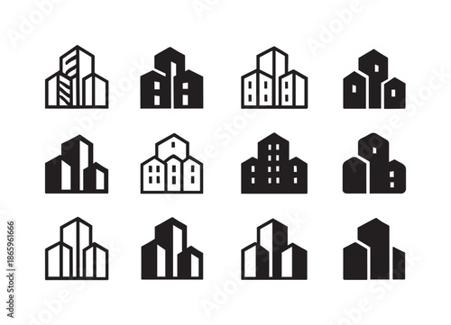 Urban Sprawl Icons. Urban sprawl. Icon set. Set Logo of Urban sprawl: layered buildings. harmonious logo variations of the same emblematic concept, each with