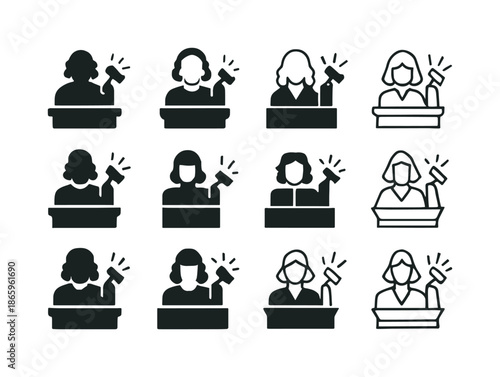 Judge Verdict Icons. Judge in Robes Delivering Verdict. Icon set. Set Logo of Judge in Robes Delivering Verdict: raised gavel emitting verdict rays. harmonious