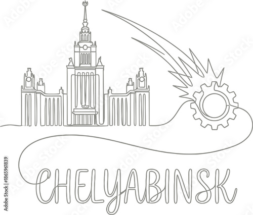 Chelyabinsk university landmark and meteor one line vector illustration