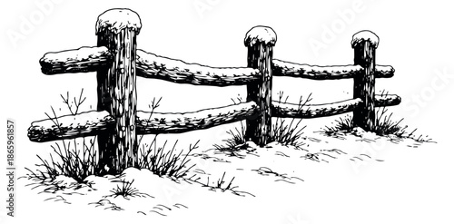 Hand drawn illustration of a wooden fence depicting snow and dry grass for a winter landscape