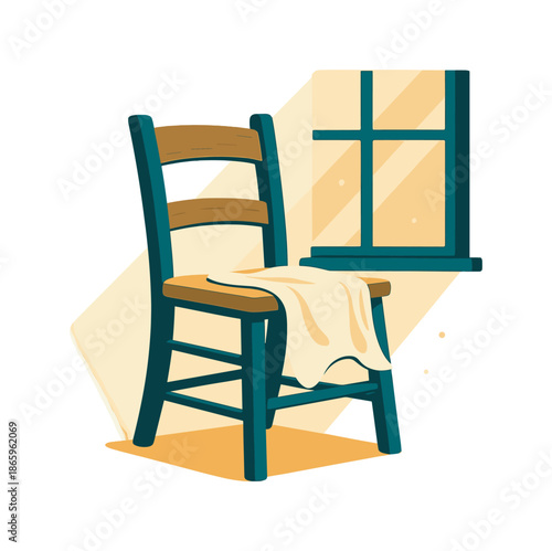Rustic Chair Serenity. Rustic chair by window. A simple wooden chair catches gentle daylight, fabric on the seat fluttering slightly. Warm rays add peaceful