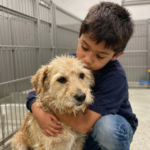 Boy hugging a wet dog in a shelter