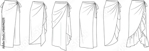 Wrap skirt technical flat sketch, women’s draped sarong style skirts, fashion illustration, front view, black and white drawing