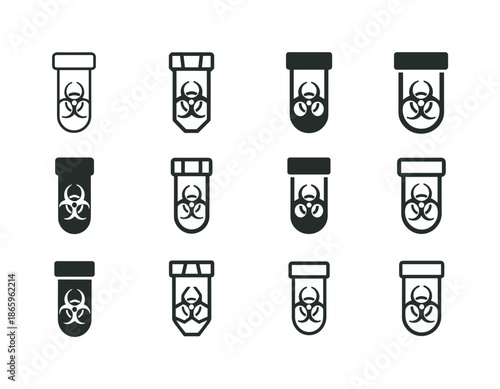 Biological Hazard Icons. Biological Hazards. Icon set. Set Logo of Biological Hazards: contaminated sample vial. harmonious logo variations of the same