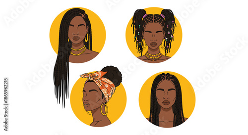 Set of four stylized portraits depicting beautiful African American women with various braided and natural hairstyles on yellow circles.