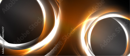 Abstract design features glowing orange circles, gray centers, dynamic light streaks. Modern, energetic visual composition.