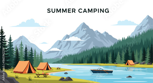 Idyllic summer camping scene featuring orange tents by a serene blue lake with a small boat and majestic mountains in the background.