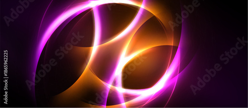 Abstract design features vibrant orange, purple glows. Swirling shapes create dynamic, energetic visual impact. Dark background emphasizes luminosity.