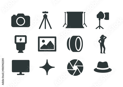 Studio Photography Icons. Studio photography. Solid icon set of studio photography: camera, tripod, backdrop, light, flash, photo frame, lens, pose, monitor,
