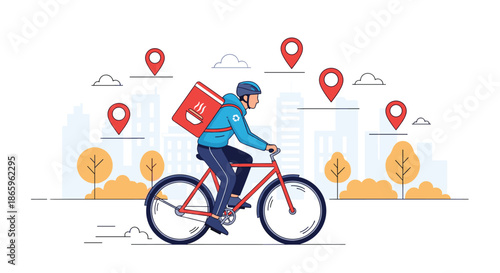 Food delivery courier riding a red bicycle with a large thermal bag on his back in a stylized city landscape with location pins.