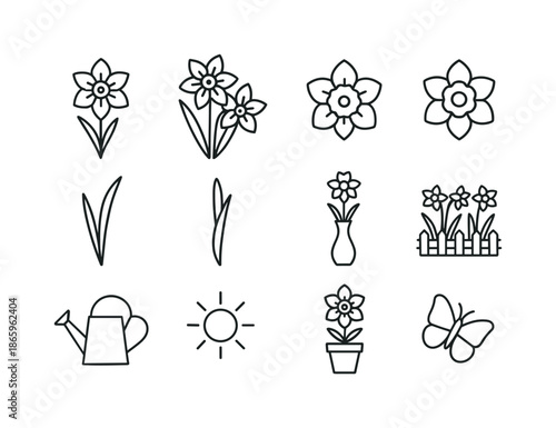 Daffodil Icon Set. Daffodils. Line icon set of Daffodils: single daffodil, cluster of daffodils, bulb, flower head, leaf, stem, vase, garden border, watering