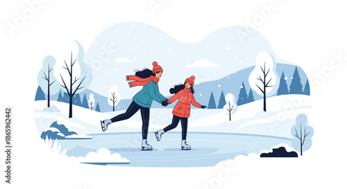 Joyful scene of a woman and a young girl holding hands and ice skating on a frozen lake in a snowy mountain landscape.
