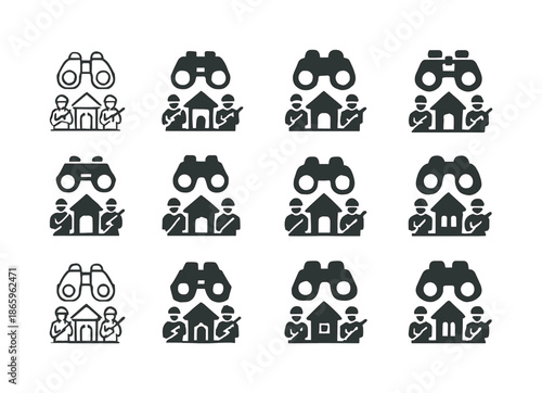 Military Checkpoint Icons. A military checkpoint with soldiers keeping watch. Icon set. Set Logo of Military checkpoint: binoculars. harmonious logo variations