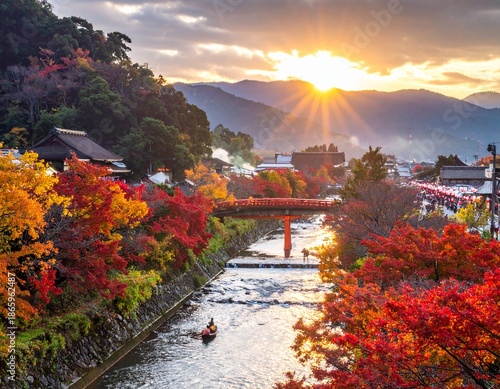 Autumn Colors and Sunset over Japanese Village