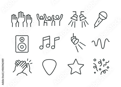 Concert Line Icons. Concert crowd. Line icon set of concert crowd: raised hands, cheering silhouettes, stage lights, microphone, speaker, music