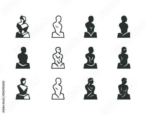 Sculpture Icon Set. Sculpture. Icon set. Set Logo of Sculpture: stone block becoming figure. harmonious logo variations of the same emblematic concept, each