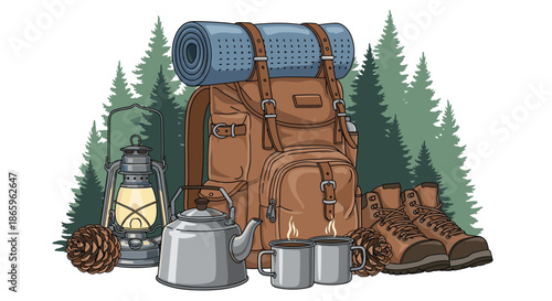 Still life illustration of camping equipment including a large brown backpack, lantern, kettle, and hiking boots in a pine forest.