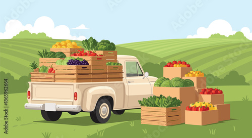Vintage pickup truck heavily loaded with wooden crates of fresh vegetables standing in a lush green agricultural farm field.