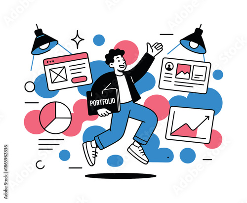 Dynamic Design Showcase. Portfolio-first approach. Floating design mockups, charts, and prototypes orbit a candidate's figure as spotlights highlight their