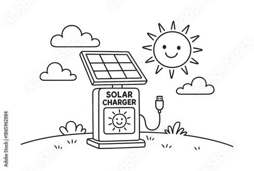 Solar Charger Coloring. Solar charger station children?s coloring book illustration, outlined drawing, a cartoon charging stand outdoors with a big smiling sun