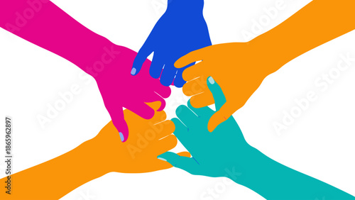 A vibrant, colorful illustration depicts five diverse hands coming together in a symbolic gesture of unity, teamwork, and collaborative spirit.