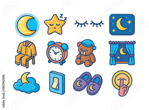 Nighttime Icon Set. Nighttime. Colorful isometric vector icons set of nighttime: glowing moon, sleeping stars, closed eyes icon, quiet night sky, pajamas on
