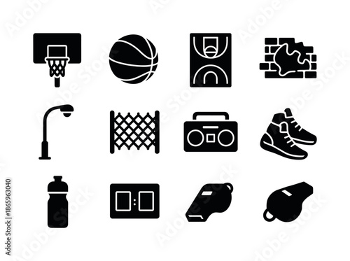 Street Basketball Icons. Street basketball. Solid icon set of Street basketball: outdoor hoop, chain net, street ball, asphalt court, graffiti wall, street