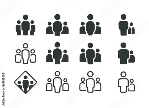Stylized Icon Variations. Professional detachment. Icon set. Set Logo of Professional detachment: person standing apart from crowd. harmonious logo variations