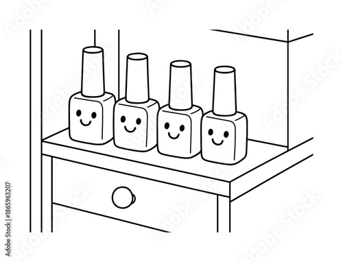 Smiling Nail Polish Bottles. Nail polish section children?s coloring book illustration, outlined drawing, makeup drawer corner with smiling bottles of nail