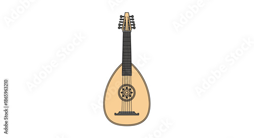 A detailed illustration of a lute a plucked string instrument with a pear-shaped body and a fretted neck.