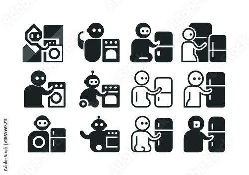 Home Robotics Icons. Home Robotics. Icon set. Set Logo of Home Robotics: robot interacting with smart appliances. harmonious logo variations of the same