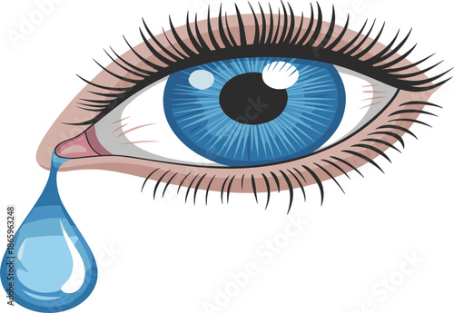 Blue human eye with long lashes and falling teardrop for sadness and emotion concept vector