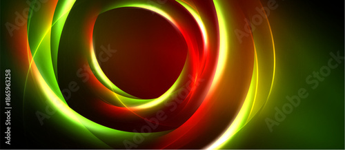 Abstract design features vibrant swirling lines. Red, green, yellow hues create dynamic circular pattern against black background. Smooth gradients dominate composition.