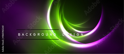 Abstract neon swirls, purple, green hues dominate dark background. Modern design element, vibrant energy radiates. Simple text overlay present.