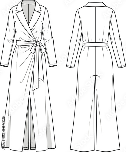 Long wrap trench coat technical fashion flat, front and back view, cad illustration, garment design template, vector sketch drawing