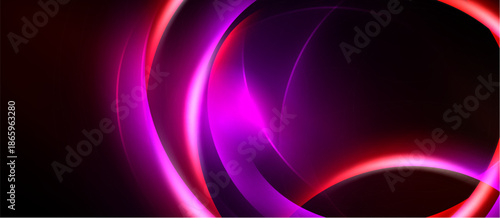 Abstract neon lights create dynamic curves, vibrant colors. Dark background emphasizes glowing shapes, modern design elements.